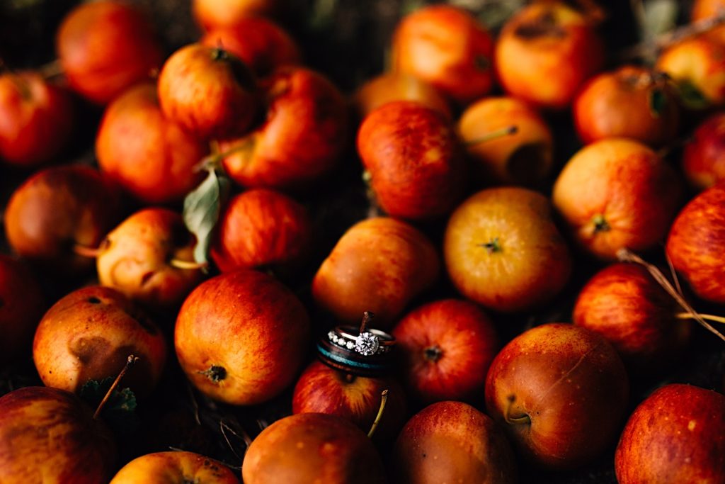 Wedding rings stacked on one another surrounded by apples