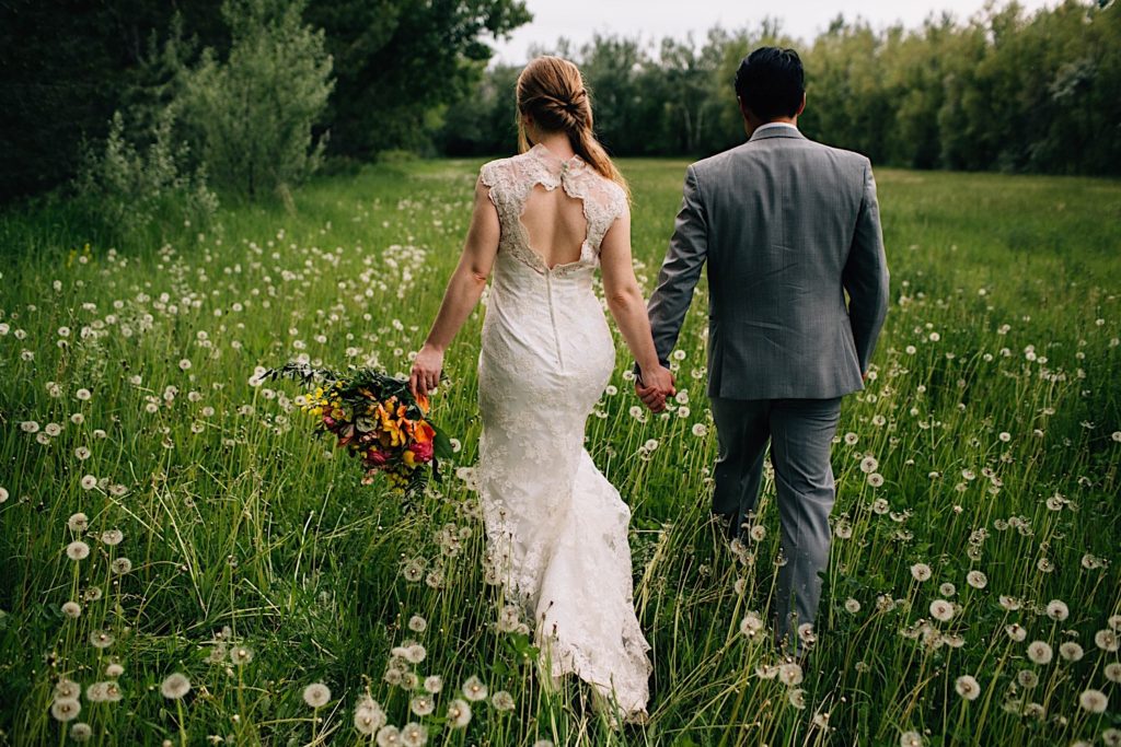 A bride and groom in their wedding attire walk hand in hand away from the camera in a field of dandelions.